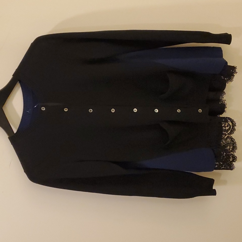 Preowned Sacai two tone cardigan sweater with lace panel insert
